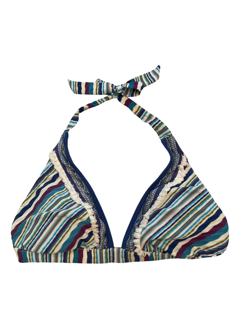Lucky Brand Striped Fringe Triangle Bikini Top - Large - Blue/Purple